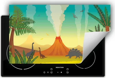 Produktbild von DarHaus Herdabdeckplatte 90x52 cm Anti Rutsch Matte Aufrollbar, Dinosaurier - bunt