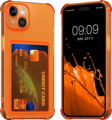 Produktbild von kwmobile Hülle mit Kartenfach kompatibel mit Apple iPhone 15 - Handyhülle iPhone 15 mit Kartenfach - Soft Case in Fruity Orange Transparent
