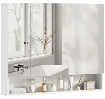 Image de Armoire de salle de bain - Armoire miroir murale - 90 x 15 x 75 cm - 3 portes miroirs - Compartiment ouvert - Étagères réglables - Blanc