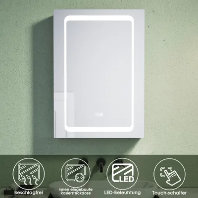 Produktbild von SONNI Aluminium Bad Spiegelschrank 50 × 70 cm Touch schalter mit LED Beleuchtung mit beschlagfrei mit Rasiersteckdose Badezimmer Spiegelschränke