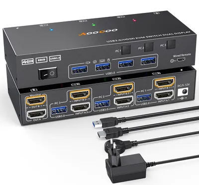 Obrázek produktu pro Přepínač HDMI KVM pro 3 počítače, 2 monitory, podpora 4K při 60 Hz s emulátorem EDID