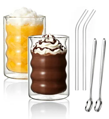 Produktbild von Set aus 2 doppelwandigen Gläsern für Latte Macchiato, inklusive Löffel und Trinkhalme