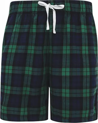 A pair of men's tartan lounge shorts.