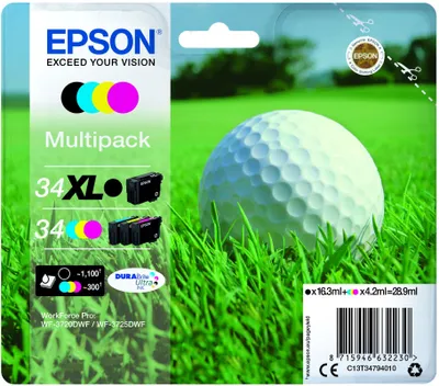 Zdjęcie produktu dla Epson Golf ball C13T34794010, Wysoka (XL) wydajność, Czarny, Cyjan, Purpurowy, Żółty, Tusz na bazie pigmentu, 16,3 ml, 12,6 ml, 1 szt.