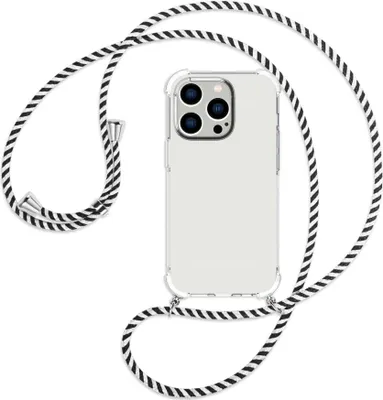 Produktbild von Handykette Backcover-Schutzhülle mit Band (Metall silberfarben) für Apple iPhone 14 Pro (6.1'') - schwarz/weiß gestreift