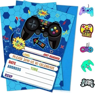 Productafbeelding van Famanu Uitnodigingskaarten, videospel met stickers en enveloppen - Blauw, thema gaming (20 stuks)