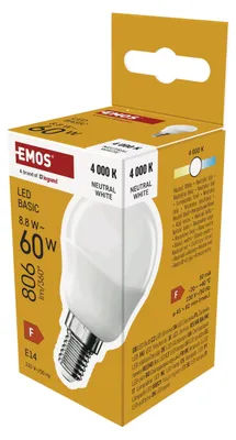 Immagine prodotto di EMOS Lampada LED BASIC MiniGlobe, base E14, bianco neutro, 806 lm, 8,8W (in sostituzione di una lampadina da 60W), durata 20.000 h, ZL1F48