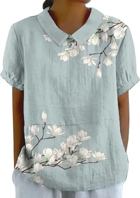 Produktbild von Bluse Damen Sommer, Elegant Leinenbluse Einfarbig Blusenshirt Revers Rundhals Leinenhemd Blumendruck Oberteile Lose Pullover
