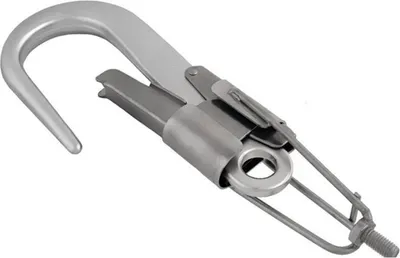 Adapter Hms für Teleskopstange Rescue Pole von Singing Rock; aus Metall mit Haken und Sicherungsmechanismus.