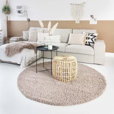 Immagine prodotto di Tappeto rotondo in pelo lungo Unyqoos®, stile shag, color beige, diametro 240 cm, con bordo rifinito e imbottitura morbida
