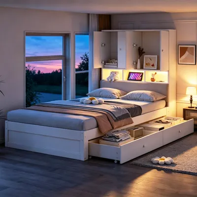 Productafbeelding van Houten bed van 90x200 cm, wit, gemaakt van grenenhout, multiplex en MDF, met opbergruimte en LED-verlichting, geschikt voor slaapkamers en logeerkamers