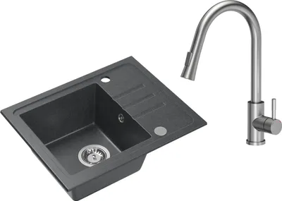 Immagine prodotto di VBChome Lavello in granito nero con rubinetteria 55 x 44 cm Lavello da incasso a vasca singola Macchiettato Reversibile Lavello in granito Sifone Rubinetteria per lavabo