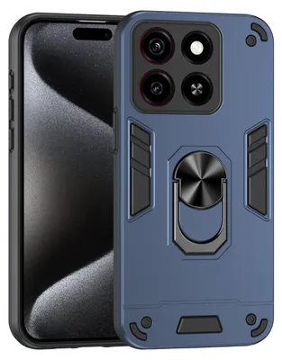 A blue phone case with a metallic ring is shown next to a phone.