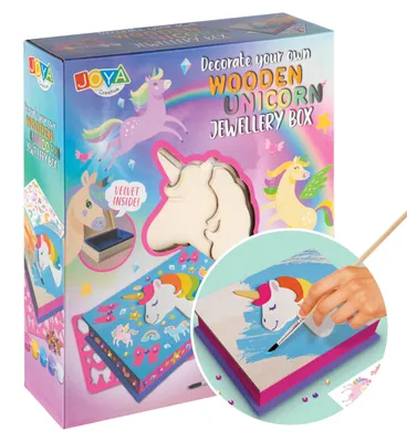 Produktbild von Joya Creative Einhorn Bastelset 4-in-1 – Malen, Stickern, Pixel Art und Schmuckkästchen Verzieren