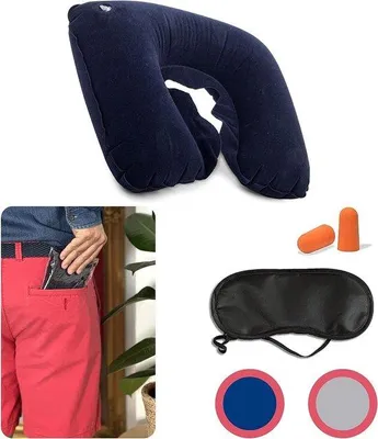 Image de Oreiller de voyage, bleu marine, avec bouchons d'oreilles et masque de sommeil
