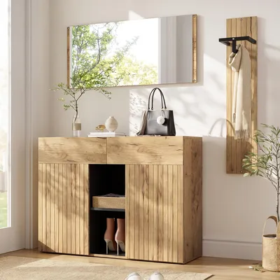 Produktbild von okwish Garderoben-Set mit Spiegel,Schuhschrank, Eingangsschrank 2 Schubladen und 2 Türen, offenen Fächern, Natur