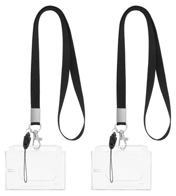 Image de Porte-badges en plastique rigide avec cordons, lot de 2, étui de protection pour cartes de crédit résistant avec pochette pour le pouce, bandoulière amovible, porte-badge transparent, porte-carte transparent