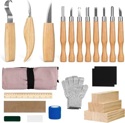 Produktbild von PromoHome® Holzschnitzwerkzeug-Set - 25-teilig - Professionelles Schnitzmesser-Set mit 11 Messern, 6 Holzblöcken und schnittfesten