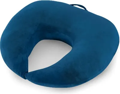 A navy blue U-shaped pillow on a white background.