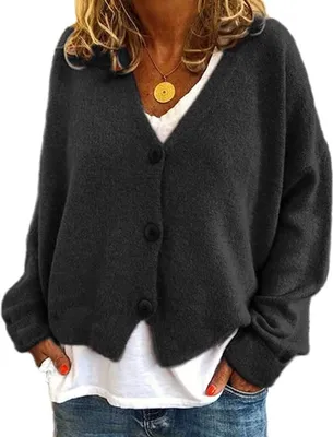 Image de ASKSA Pull-over en tricot pour femmes V-cou unicolore Bouton Cardigan décontracté Pull-over, Noir, 2XL