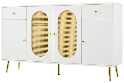 Zdjęcie produktu dla Biała komoda z rattanu, 2 szuflady, 4 drzwiczki, wymiary: 140x35x82 cm