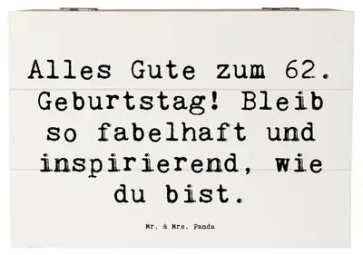 Produktbild von Mr. & Mrs. Panda Box Spruch 62. Geburtstag Freude 22 x 15 cm - Weiß - Geschenk, Glückwunsch, Truhe, Kiste mit Deckel, schatztruhe, liebevolle Geburtstagswünsche, Jubilar