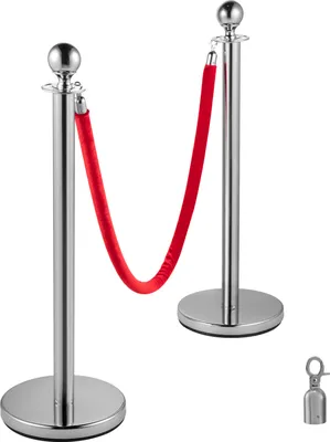 Image de SucceBuy Système de guidage des personnes Delstahl Poteau de barrage Corde Poteau de délimitation avec 3 cordes de velours rouges de 1,5 m 4 paquets d'argent