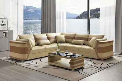 Immagine prodotto di Set Angolare Beige Divano In Pelle Soggiorno Moderno