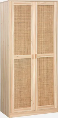 A wooden wardrobe with rattan doors.