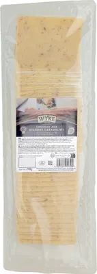 Produktbild von Food-United CHEDDAR Cheese 980g in Scheiben Großpackung mit karamellisierten Zwiebeln Cheddarkäse von WYKE-FARMS der englische Hartkäse passt zu für Burger Sandwiches Raclette Pizza Salate Saucen Aufläufe Dips
