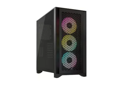 A black computer case with RGB fans is shown against a white background.