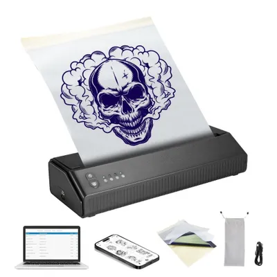 Produktbild von Tattoo-Transfer-Schablonendrucker - Kabelloser Bluetooth-Tattoo-Schablonendrucker mit 10-teiligem Transferpapier und Stoffbeutel - Tragbarer Tattoo-Drucker für Android- und iOS-Telefon