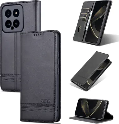 Produktbild von Leder Hülle für Xiaomi 14, Klapphüllen Brieftasche Magnetverschluss Ständer Schutzhülle Schwarz