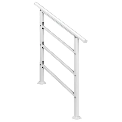A white outdoor stair railing with three horizontal bars, shown from a diagonal angle against a white background.