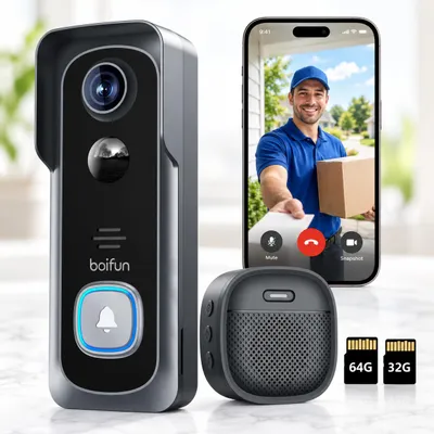 Produktbild von BOIFUN 2K HD WLAN türklingel mit kamera 32G 64G Karte Alexa Funkklingel mit Kamera Nachtsicht PIR Bewegungserkennung Haustürklingel