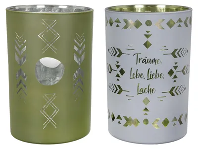 Productafbeelding van Gilde Windlicht, cilindrisch, "Indio", met opschrift, glas, grijs, groen, hoogte 18 cm, diameter 12 cm. Artikelnummer: 44914. EAN: 4063387449141. Set van 2 stuks (2-voudig assortiment)