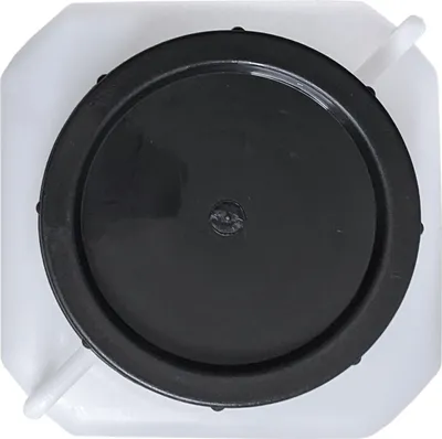 A top-down view of a white plastic storage container with a black screw-on lid.