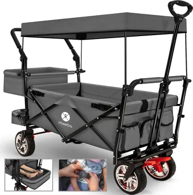 Produktbild von Miweba Faltbarer Bollerwagen MB-20 | Sonnendach - Schiebe- & Zugstange - Stauraumverlängerung - 360° Räder - Bis 100 Kg (Grau)