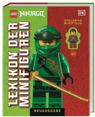 A book cover for a LEGO Ninjago minifigure encyclopedia, featuring a green Ninjago minifigure and promotional text.