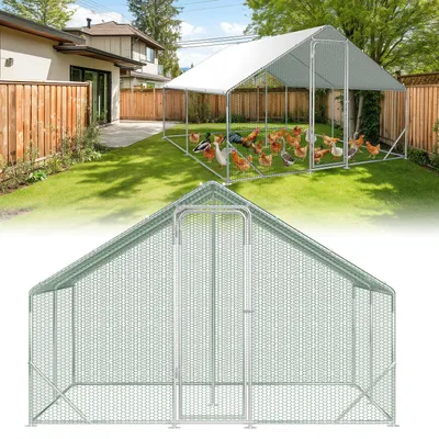 Obrázek produktu pro Kurník Ikodm s voliérou, rozměry 3 x 4 x 2 metry, plocha 12 m², sedlová střecha, konstrukce z pozinkované oceli o tloušťce 25 mm, oplocení z PVC drátěného pletiva a bílá ochranná plachta z polyetylénu