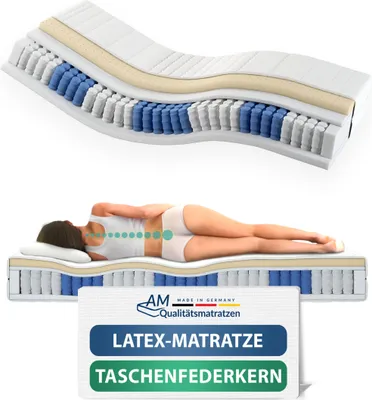 A cross-section of a mattress is shown above a woman lying on the mattress, with a graphic indicating spinal alignment. A logo and product description are displayed in the foreground.