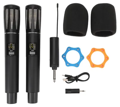 Obrázek produktu pro Bezdrátový duální ruční mikrofon UHF, bezdrátový dynamický mikrofonní systém s přijímačem pro karaoke, projevy, večírky, zpěv, dosah 100 m, černý