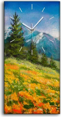 Produktbild von Wohnzimmer-Bild Leinwand Uhr Kunstdruck 30x60 Blumen auf dem Bergfeld Landschaft - weiße Hände