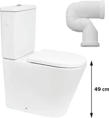 Produktbild von SAT Brevis Stand-WC Kombi-WC Toilette Set spülrandlos mit erhöhter Sitzfläche 49 cm SoftClose WC-Sitz inkl. Anschlussbogen, weiß