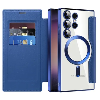 Immagine prodotto di Custodia per Samsung Galaxy S25 Ultra compatibile con MagSafe, custodia trasparente con portacarte, custodia in pelle con protezione per fotocamera blu