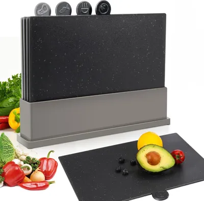 Produktbild von Gekleurte Schneidbrett-Satz mit Aufbewahrung-Ständer - Antischleif Küchen-Schneidbretter für Fleisch und Gemüse, Set aus 4 Stücken