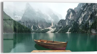 Produktbild von DEQORI Glasbild Echtglas 60x30 cm 'Bergsee und Bootsteg' Wandbild Bild modern Deko