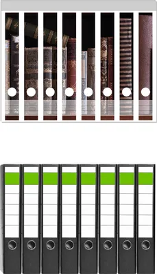 Produktbild von Wallario 8 Stück schmale Ordner inkl. Klebeetiketten mit Motive Bücherregal mit alten Büchern -  Set mit Rückenschildern / Ordnerrücken Stickern