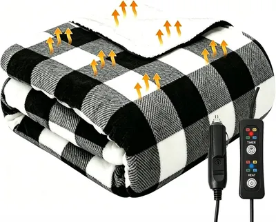 Productafbeelding van Verwarmingsdeken 12V voor auto, 150x100cm, 4 standen | Timer 2-8 uur, oververwarmingsbeveiliging, zacht materiaal, geschikt voor winter, kamperen, camper, met stekker