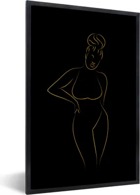Produktbild von MuchoWow® Gerahmtes Poster Frau - Schwarz - Gold - Strichzeichnung 60x90 cm - Poster mit Schwarzem Bilderrahmen Wandposter Rahmen Foto Bilder - Kunst